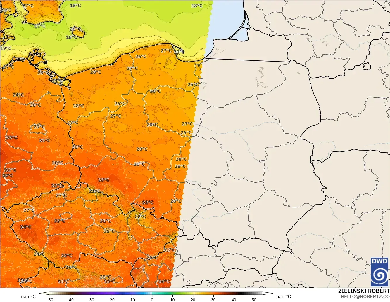 ICON Alemanha 2 km modelo - Polônia, Temperatura a 2 m