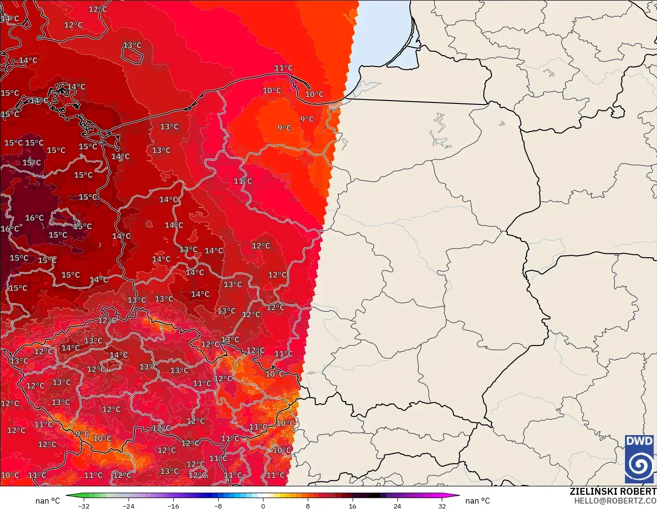 ICON Alemanha 2 km modelo - Polônia, Anomalia de temperatura a 850 hPa