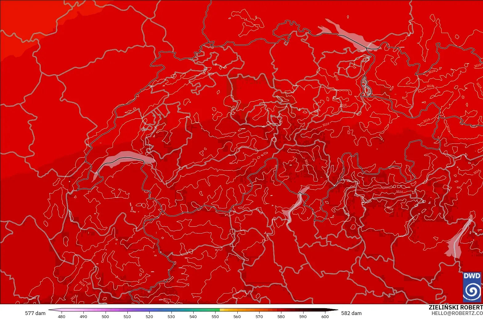 ICON Alemanha 2 km modelo - Suíça, Altura geopotencial a 500 hPa