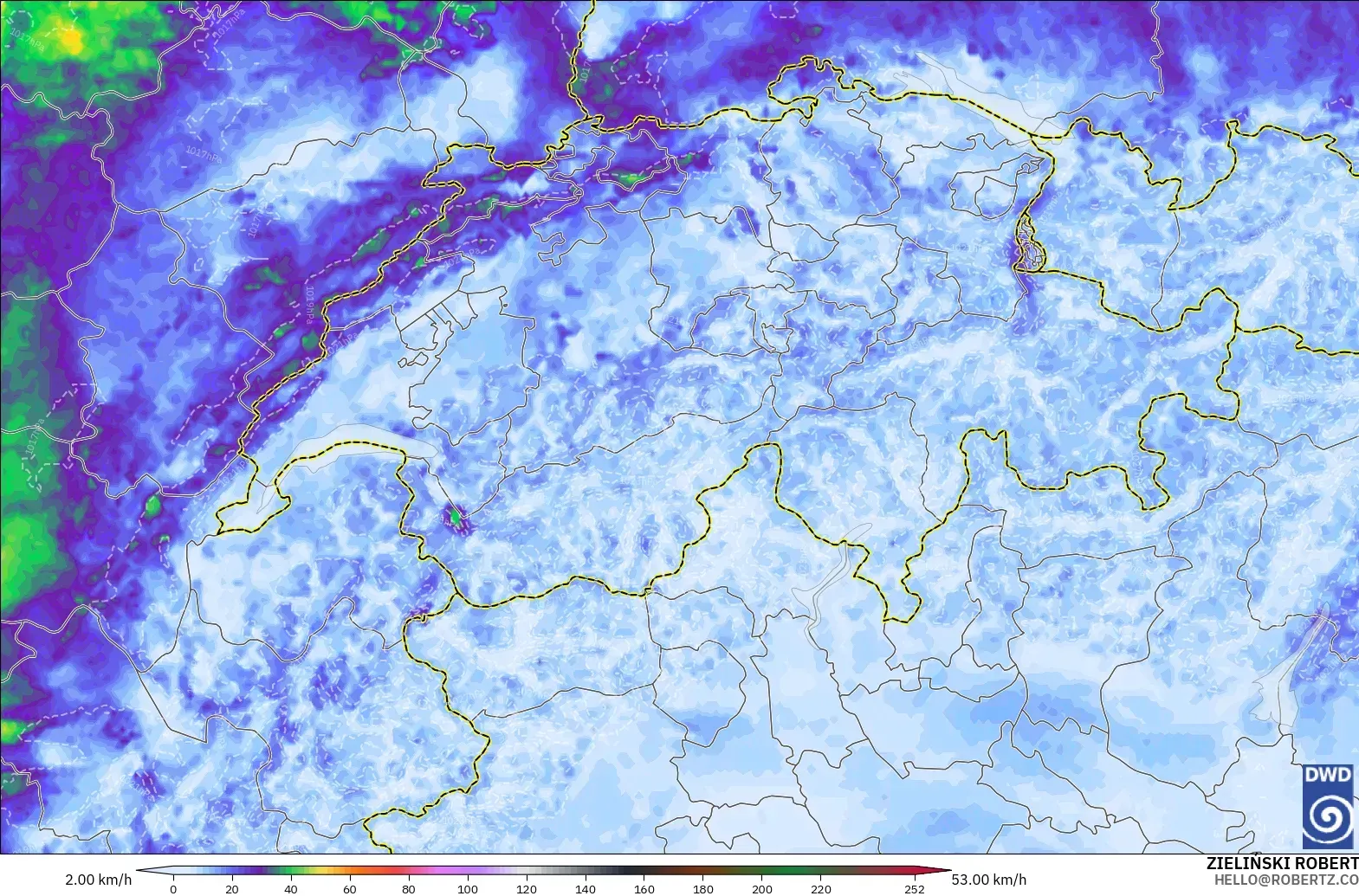 ICON Alemanha 2 km modelo - Suíça, Rajadas de Vento Máximas