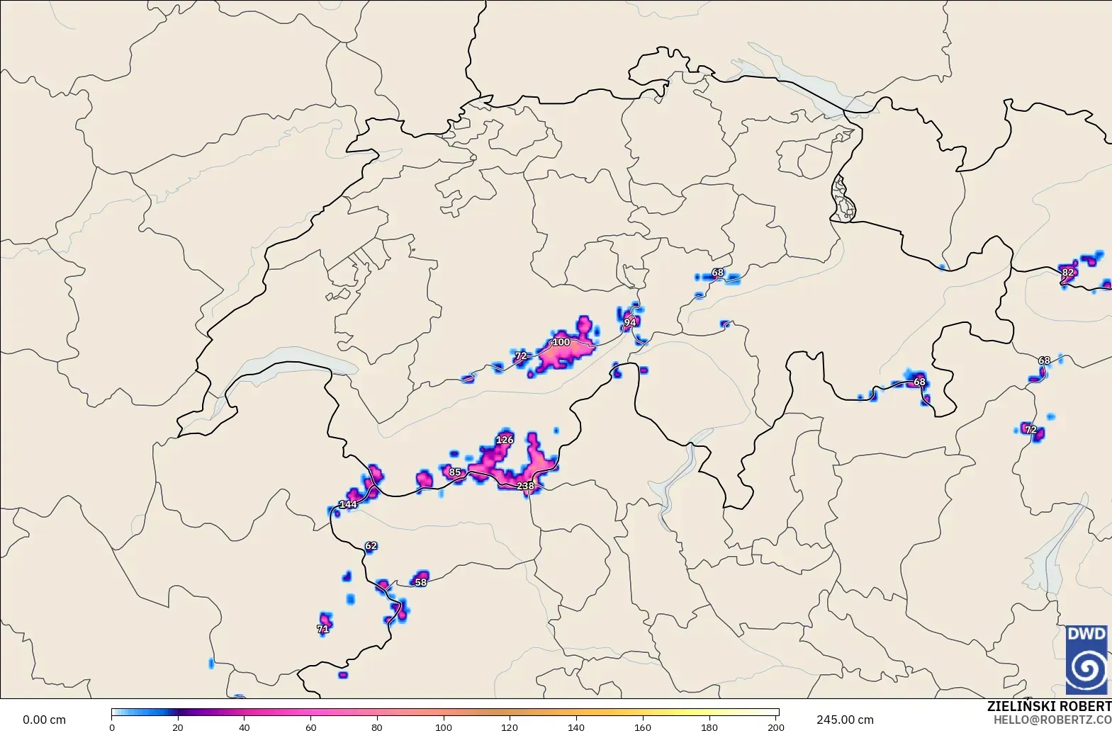 ICON Alemanha 2 km modelo - Suíça, Profundidade da neve