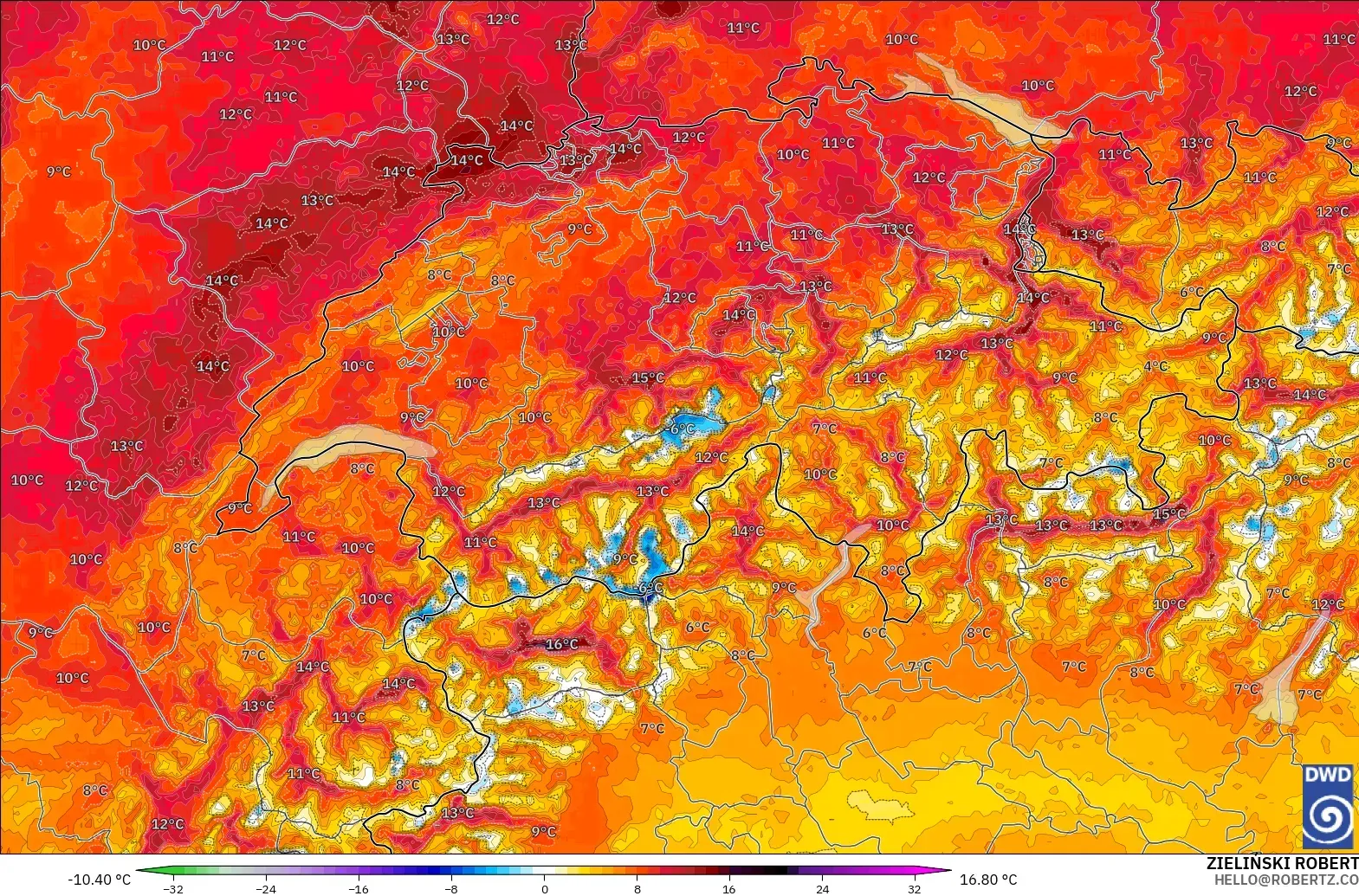 ICON Alemanha 2 km modelo - Suíça, Anomalia de temperatura a 2 m