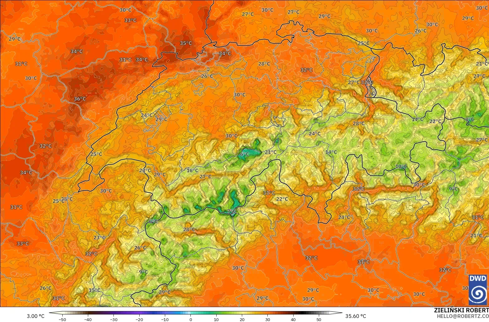ICON Alemanha 2 km modelo - Suíça, Temperatura a 2 m