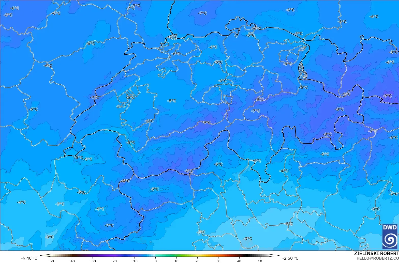 ICON Alemanha 2 km modelo - Suíça, Temperatura a 500 hPa