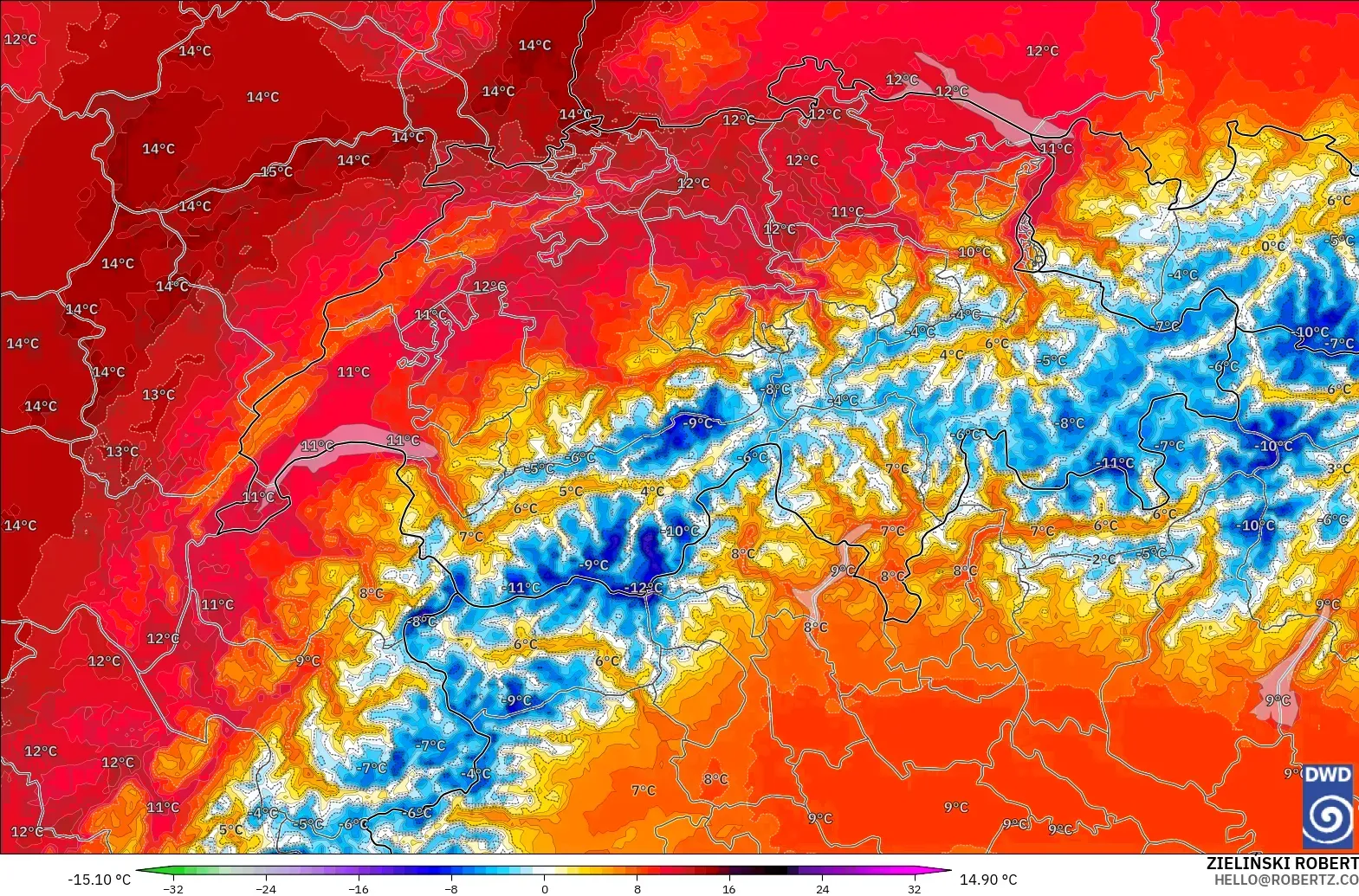 ICON Alemanha 2 km modelo - Suíça, Anomalia de temperatura a 850 hPa