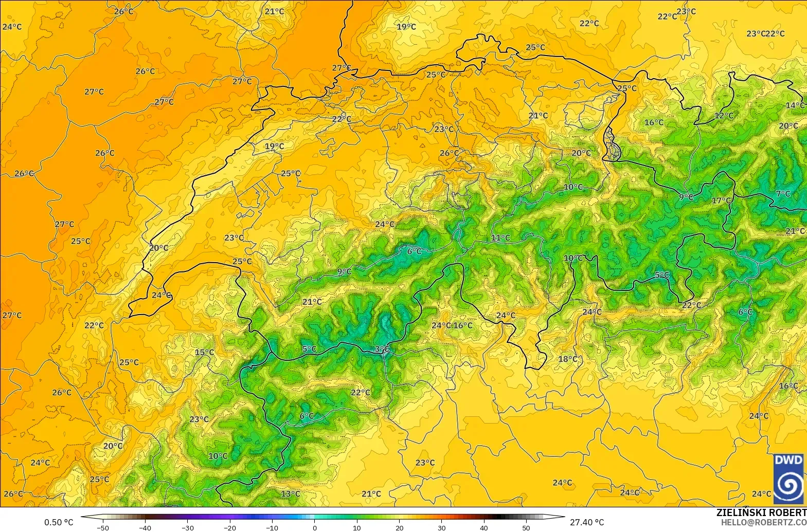 ICON Alemanha 2 km modelo - Suíça, Temperatura a 850 hPa