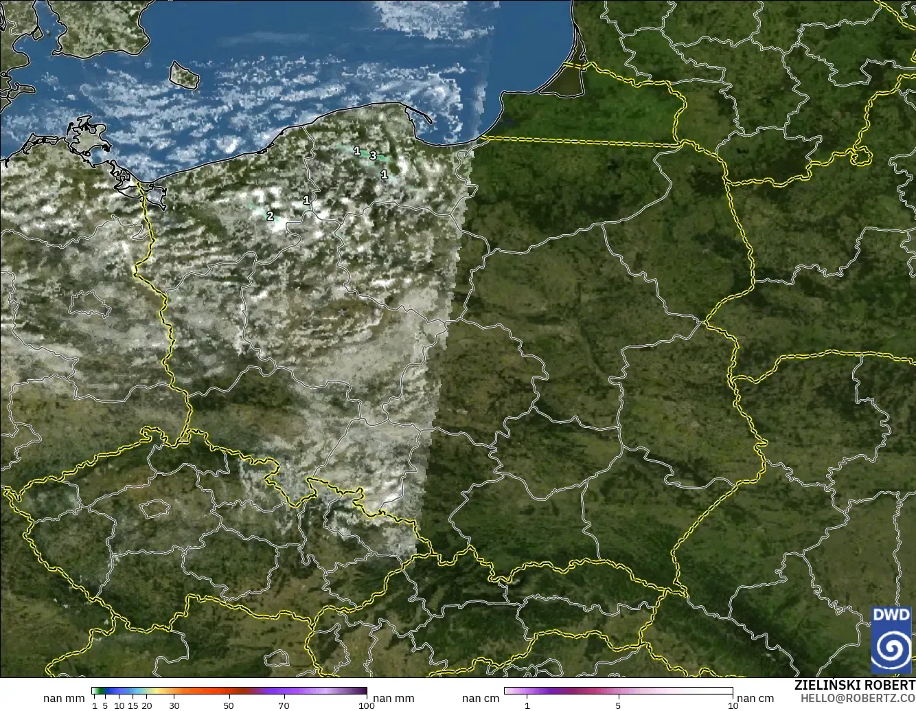 ICON Alemanha 2 km modelo - Polônia, Precipitação, nuvens e pressão