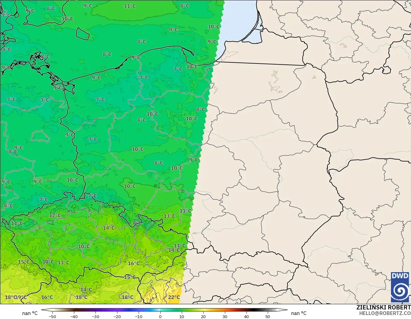 ICON Alemanha 2 km modelo - Polônia, Temperatura a 850 hPa