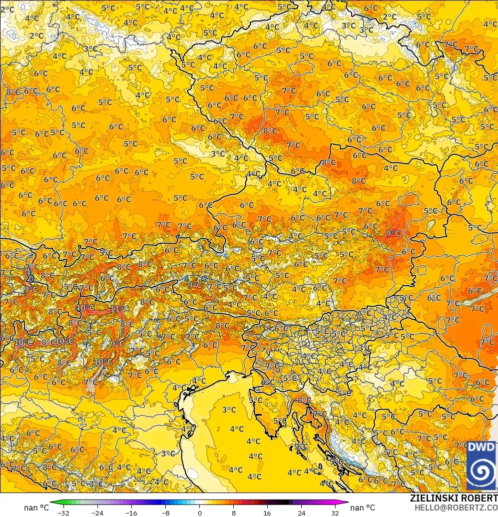 ICON Alemanha 2 km modelo - Áustria, Anomalia de temperatura a 2 m