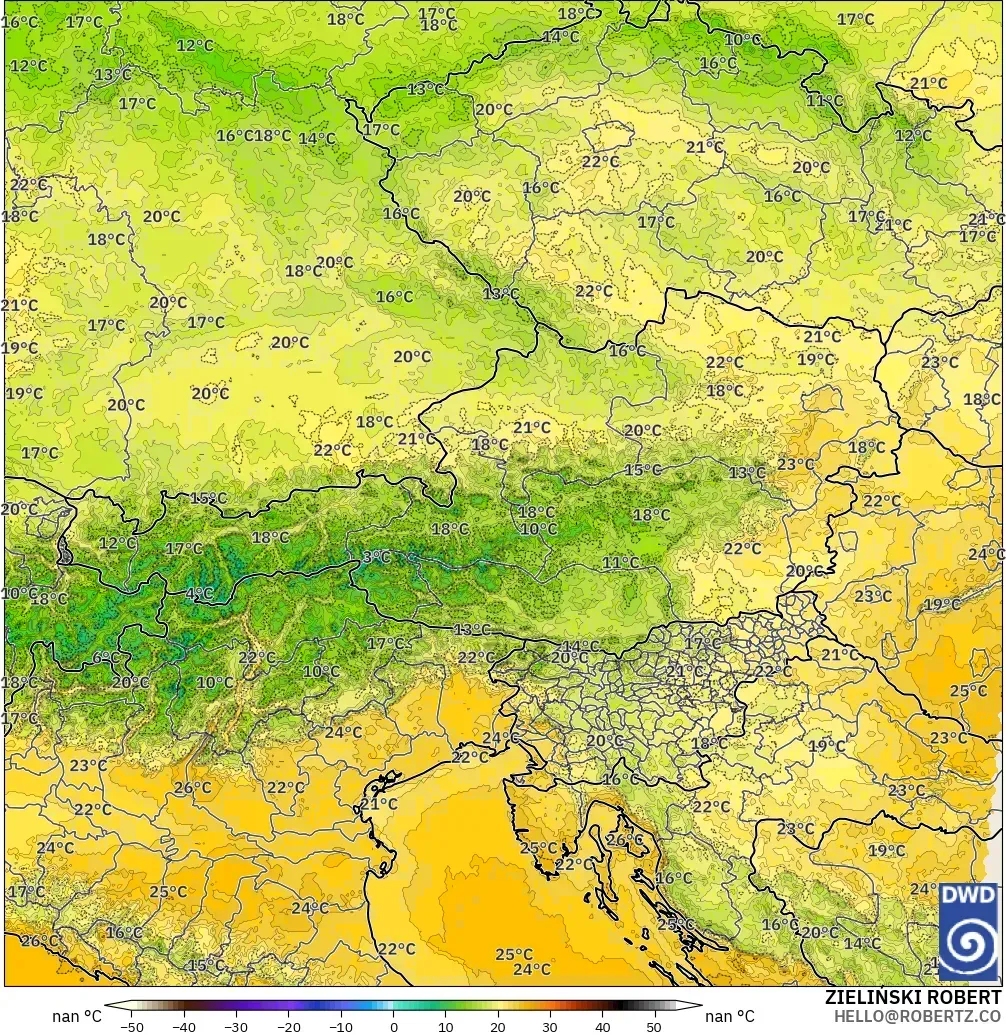 ICON Alemanha 2 km modelo - Áustria, Temperatura a 2 m