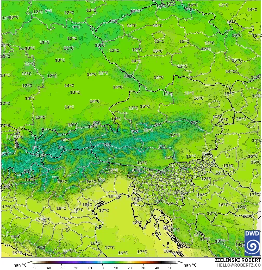 ICON Alemanha 2 km modelo - Áustria, Temperatura a 850 hPa