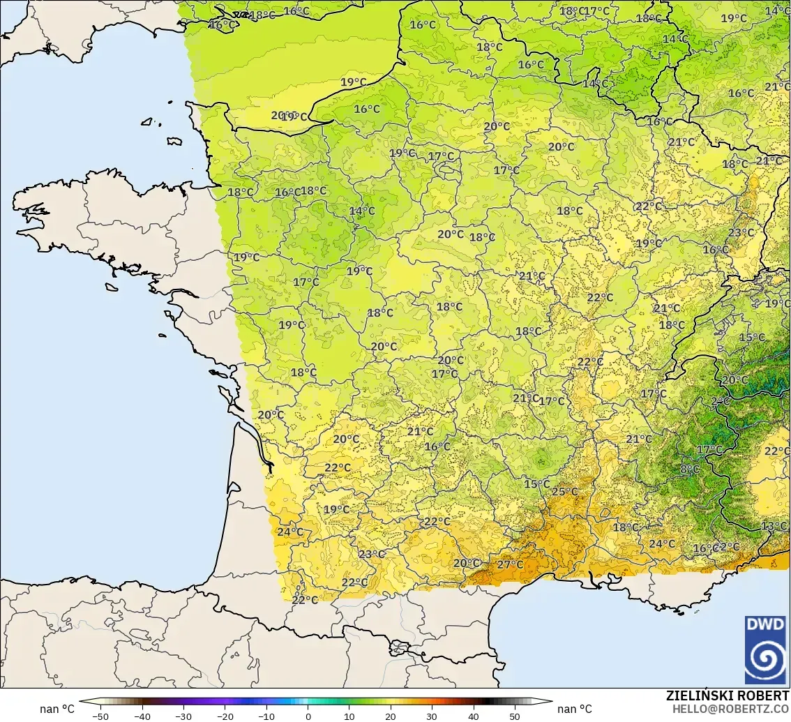 ICON Alemanha 2 km modelo - França, Temperatura a 2 m
