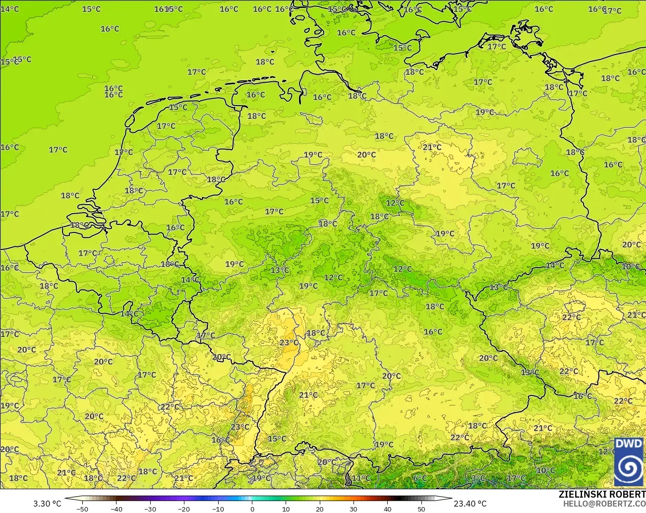 ICON Alemanha 2 km modelo - Alemanha, Temperatura a 2 m