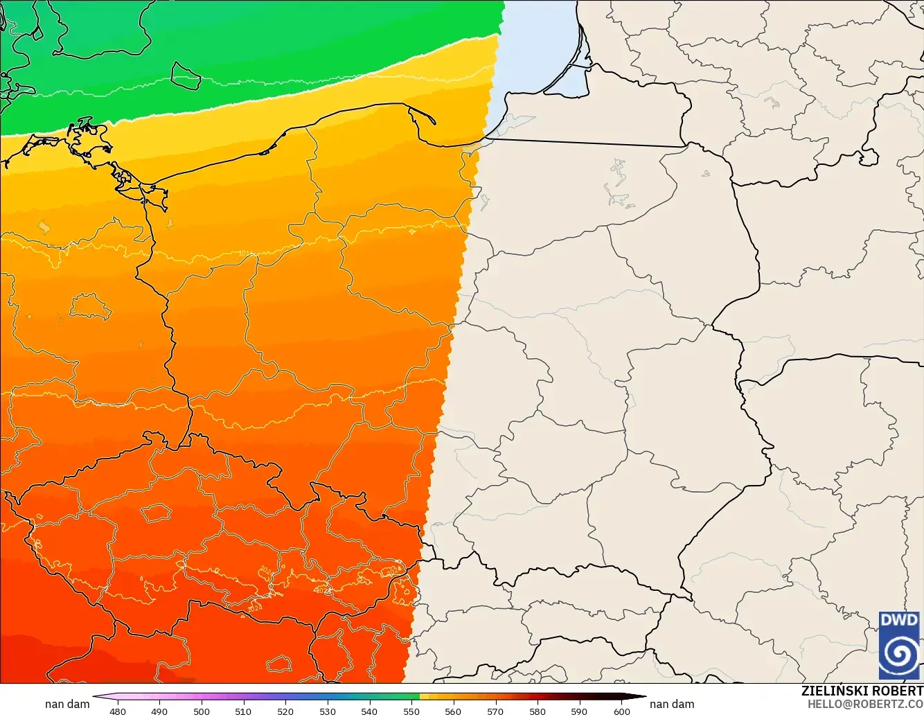 ICON Alemanha 2 km modelo - Polônia, Altura geopotencial a 500 hPa