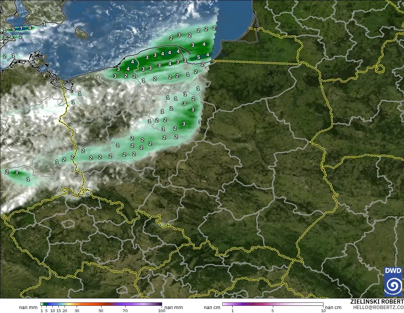 ICON Alemanha 2 km modelo - Polônia, Precipitação, nuvens e pressão