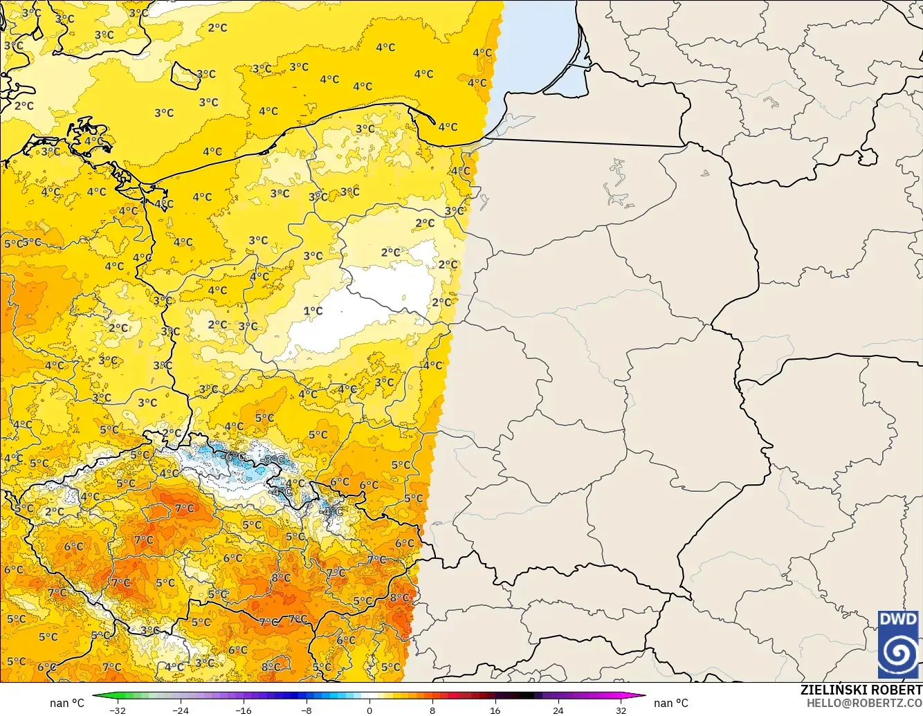 ICON Alemanha 2 km modelo - Polônia, Anomalia de temperatura a 2 m