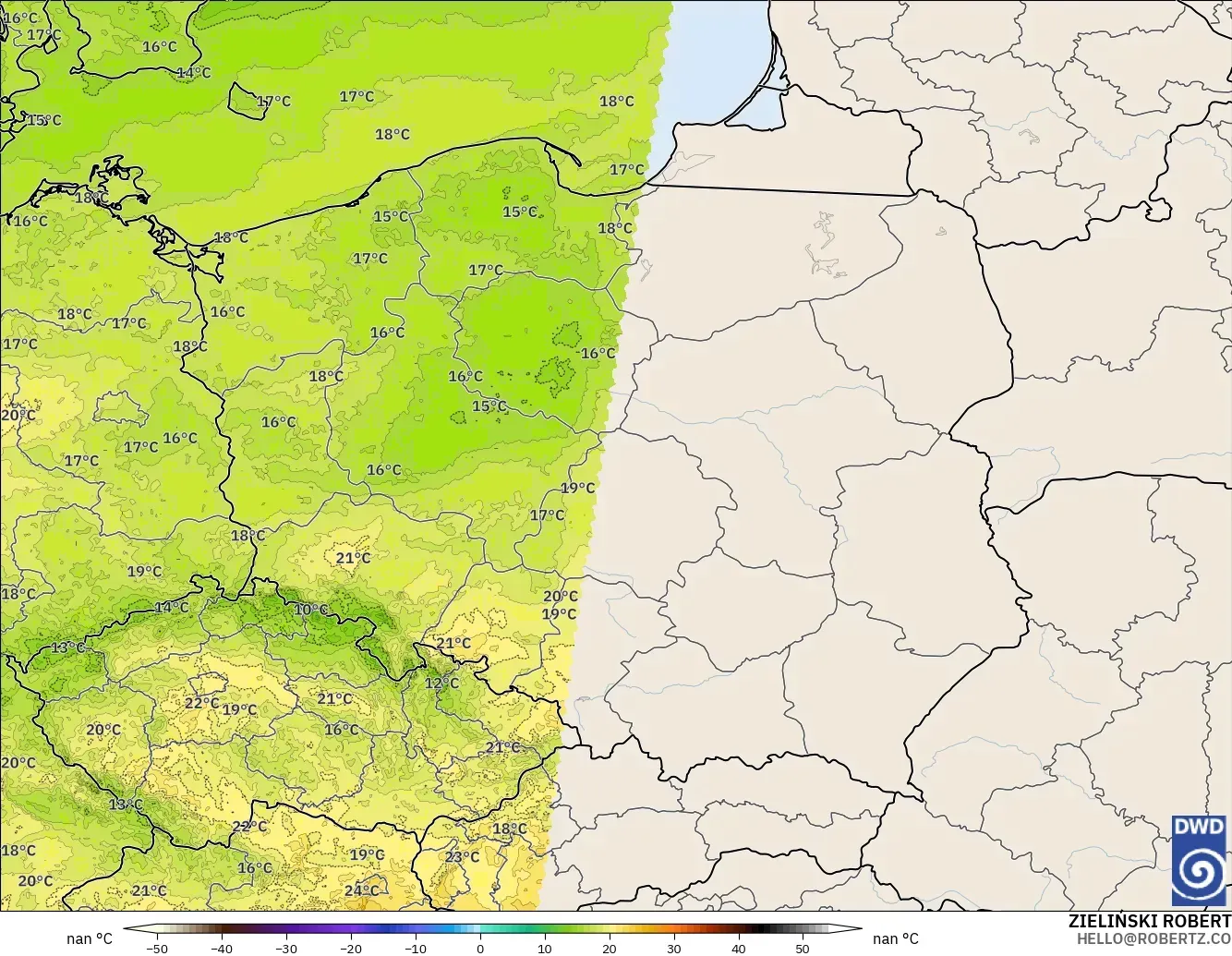 ICON Alemanha 2 km modelo - Polônia, Temperatura a 2 m