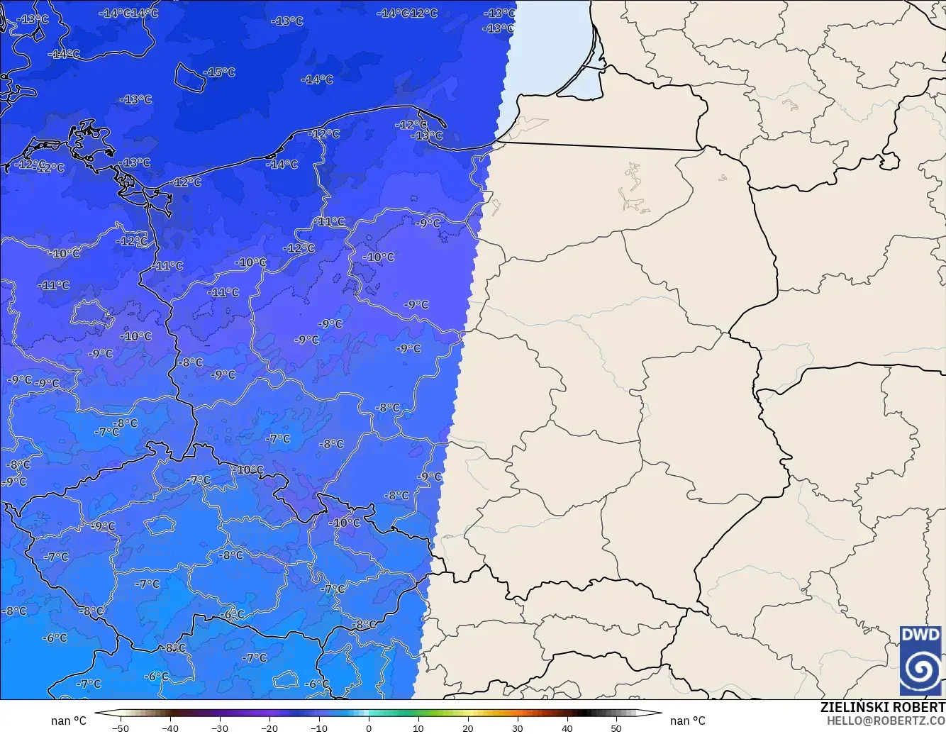 ICON Alemanha 2 km modelo - Polônia, Temperatura a 500 hPa