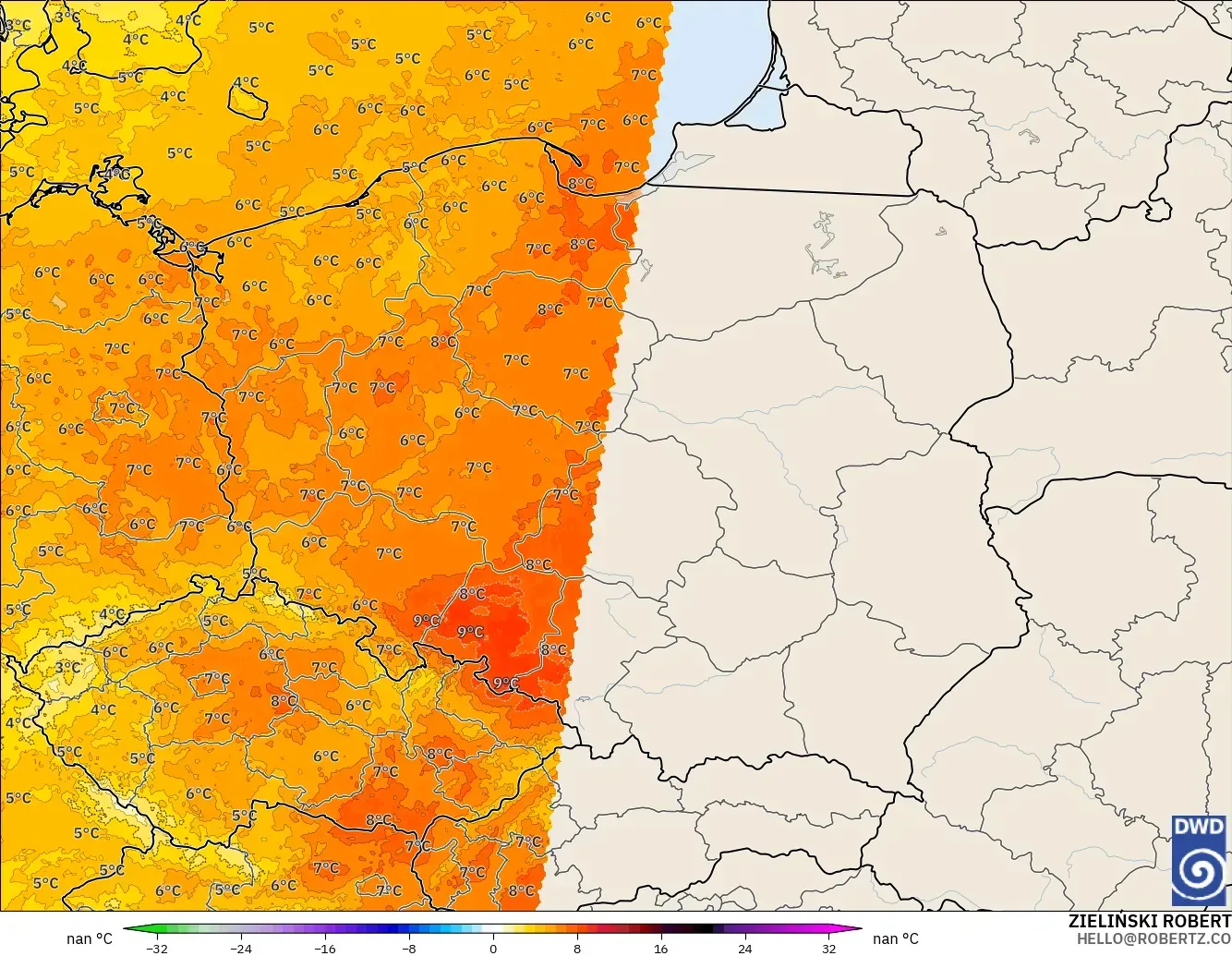 ICON Alemanha 2 km modelo - Polônia, Anomalia de temperatura a 850 hPa