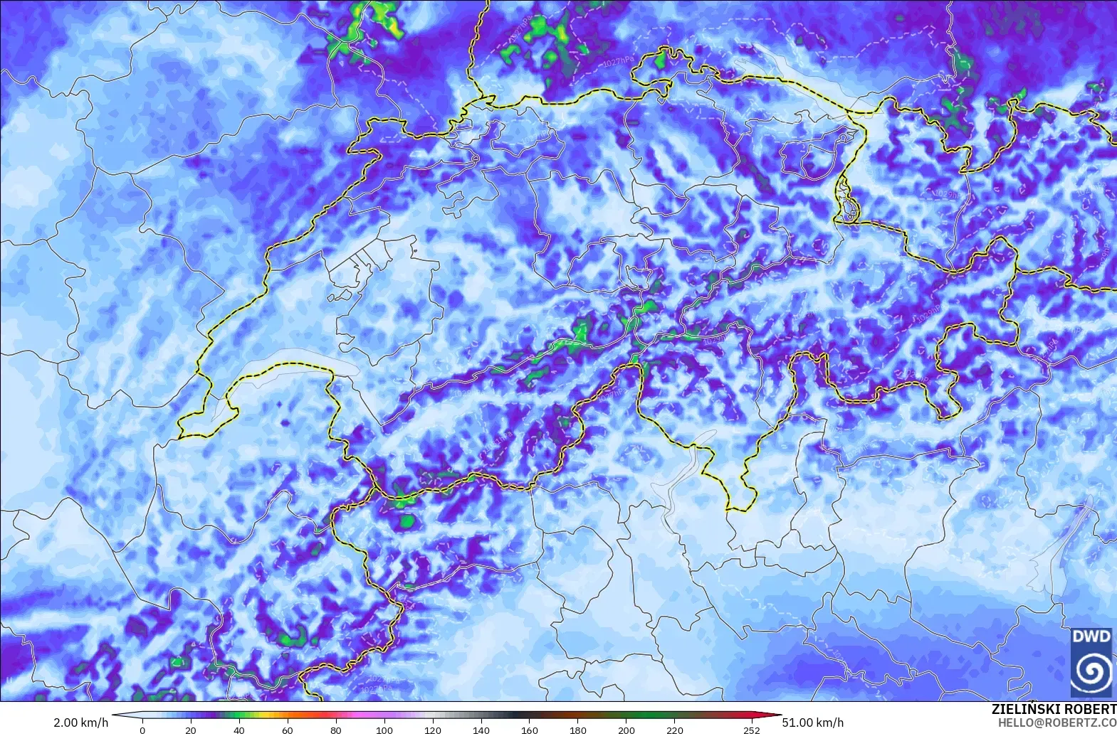 ICON Alemanha 2 km modelo - Suíça, Rajadas de vento