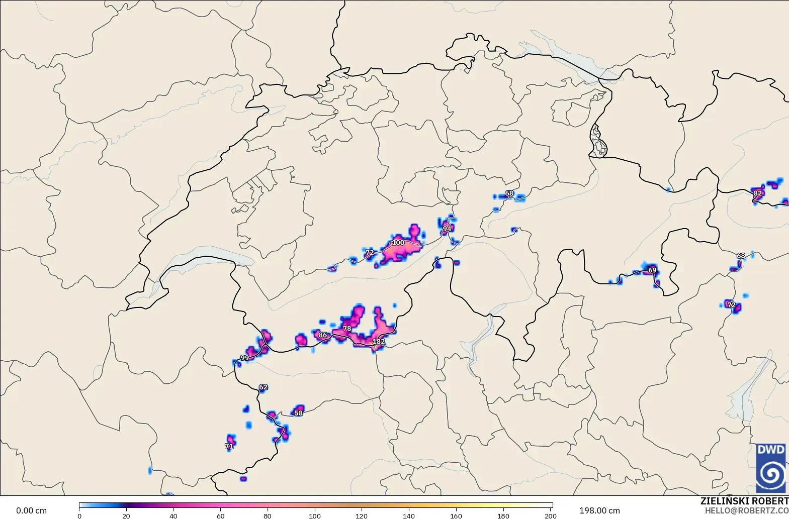 ICON Alemanha 2 km modelo - Suíça, Profundidade da neve