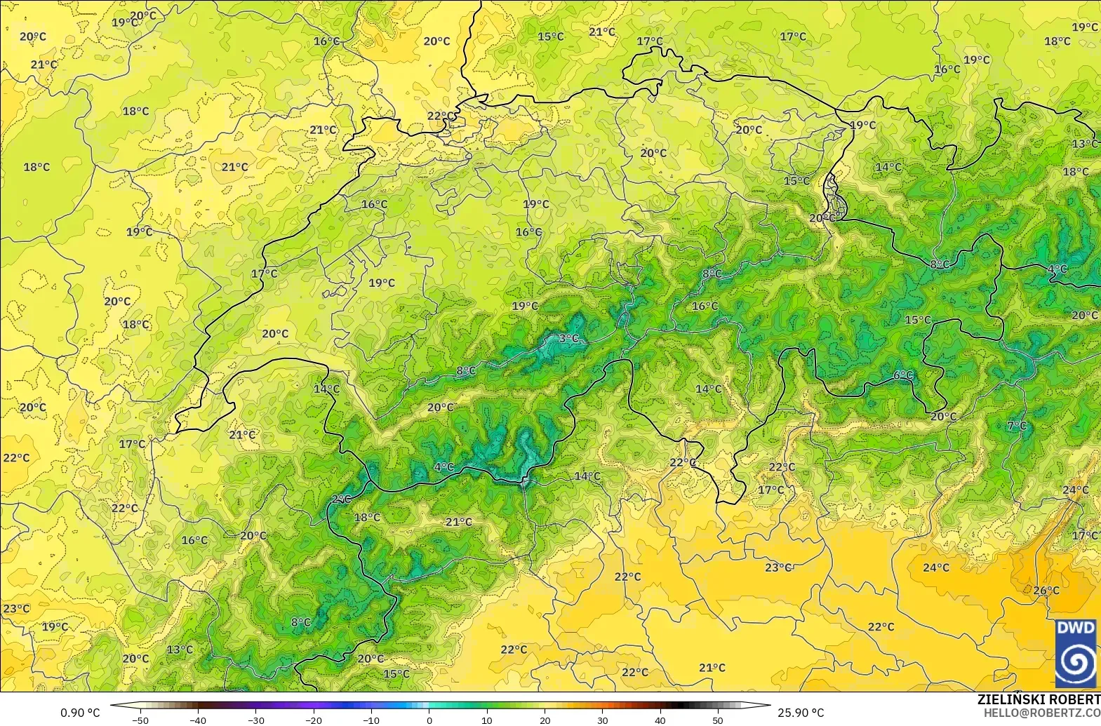 ICON Alemanha 2 km modelo - Suíça, Temperatura a 2 m
