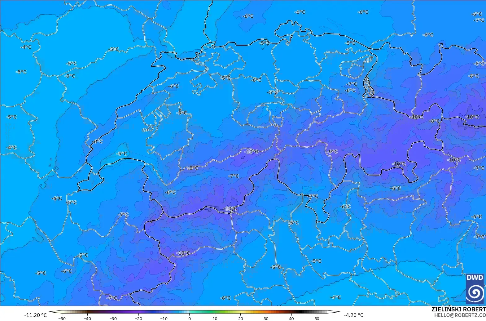 ICON Alemanha 2 km modelo - Suíça, Temperatura a 500 hPa