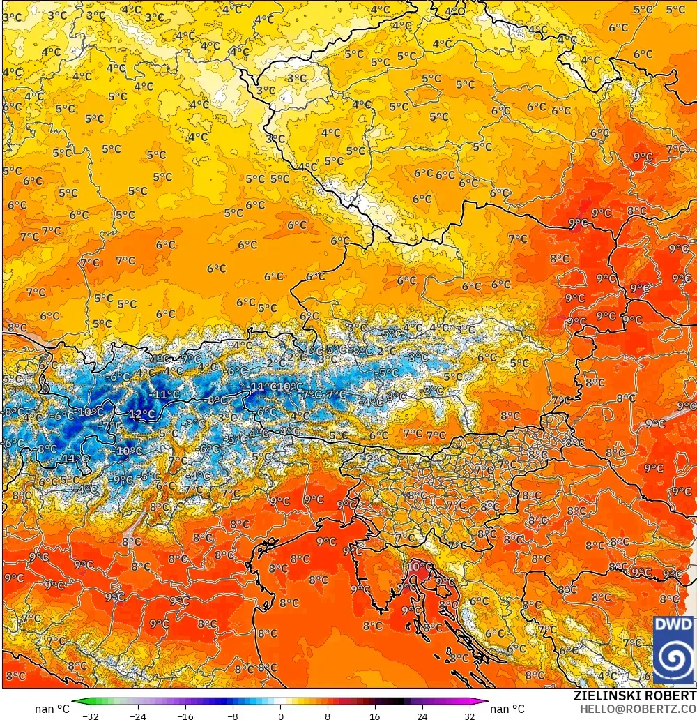 ICON Alemanha 2 km modelo - Áustria, Anomalia de temperatura a 850 hPa