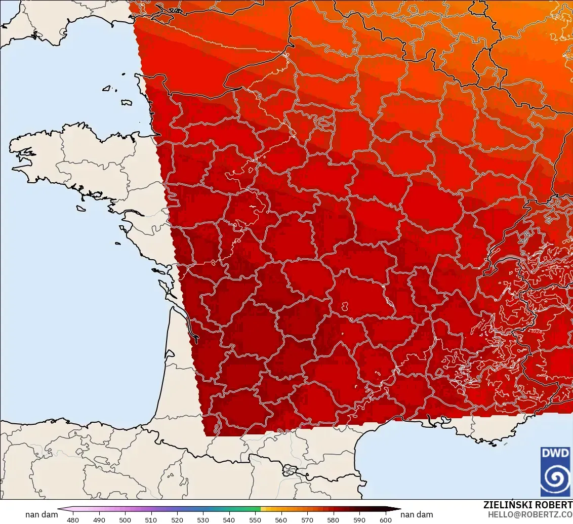 ICON Alemanha 2 km modelo - França, Altura geopotencial a 500 hPa