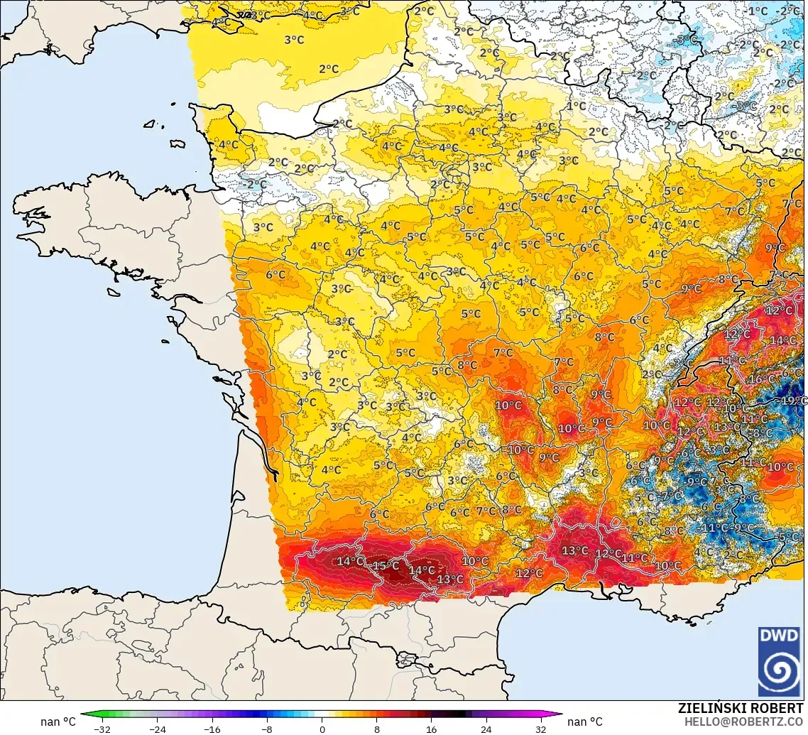ICON Alemanha 2 km modelo - França, Anomalia de temperatura a 2 m