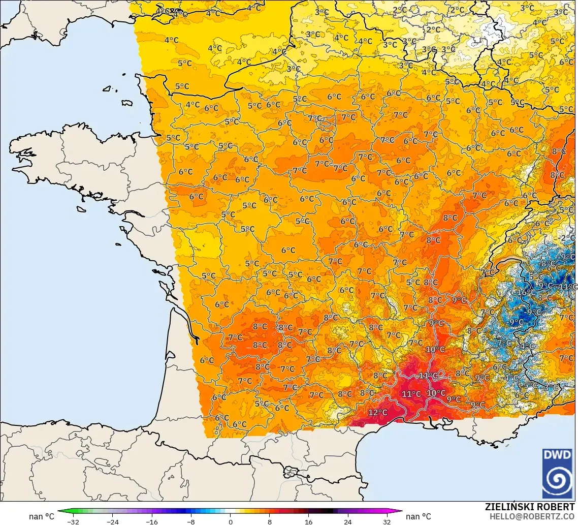 ICON Alemanha 2 km modelo - França, Anomalia de temperatura a 850 hPa