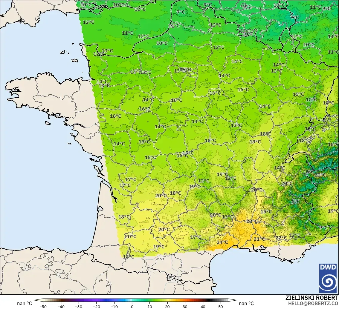 ICON Alemanha 2 km modelo - França, Temperatura a 850 hPa