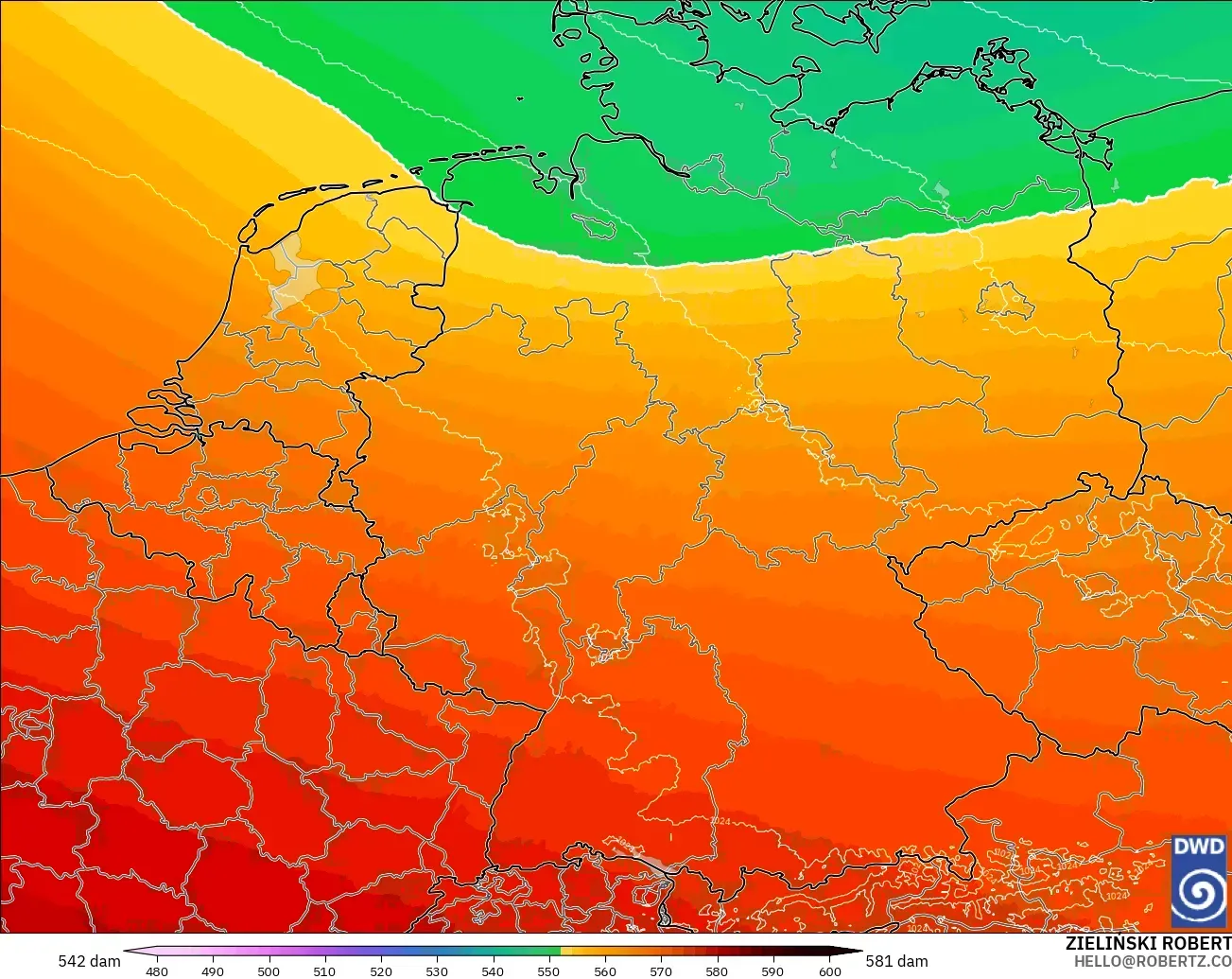 ICON Alemanha 2 km modelo - Alemanha, Altura geopotencial a 500 hPa
