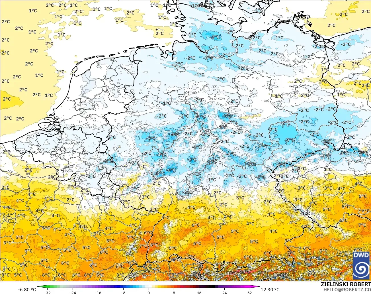 ICON Alemanha 2 km modelo - Alemanha, Anomalia de temperatura a 2 m