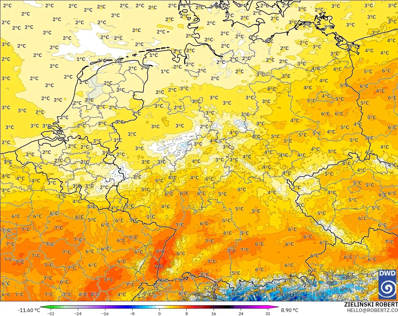 ICON Alemanha 2 km modelo - Alemanha, Anomalia de temperatura a 850 hPa