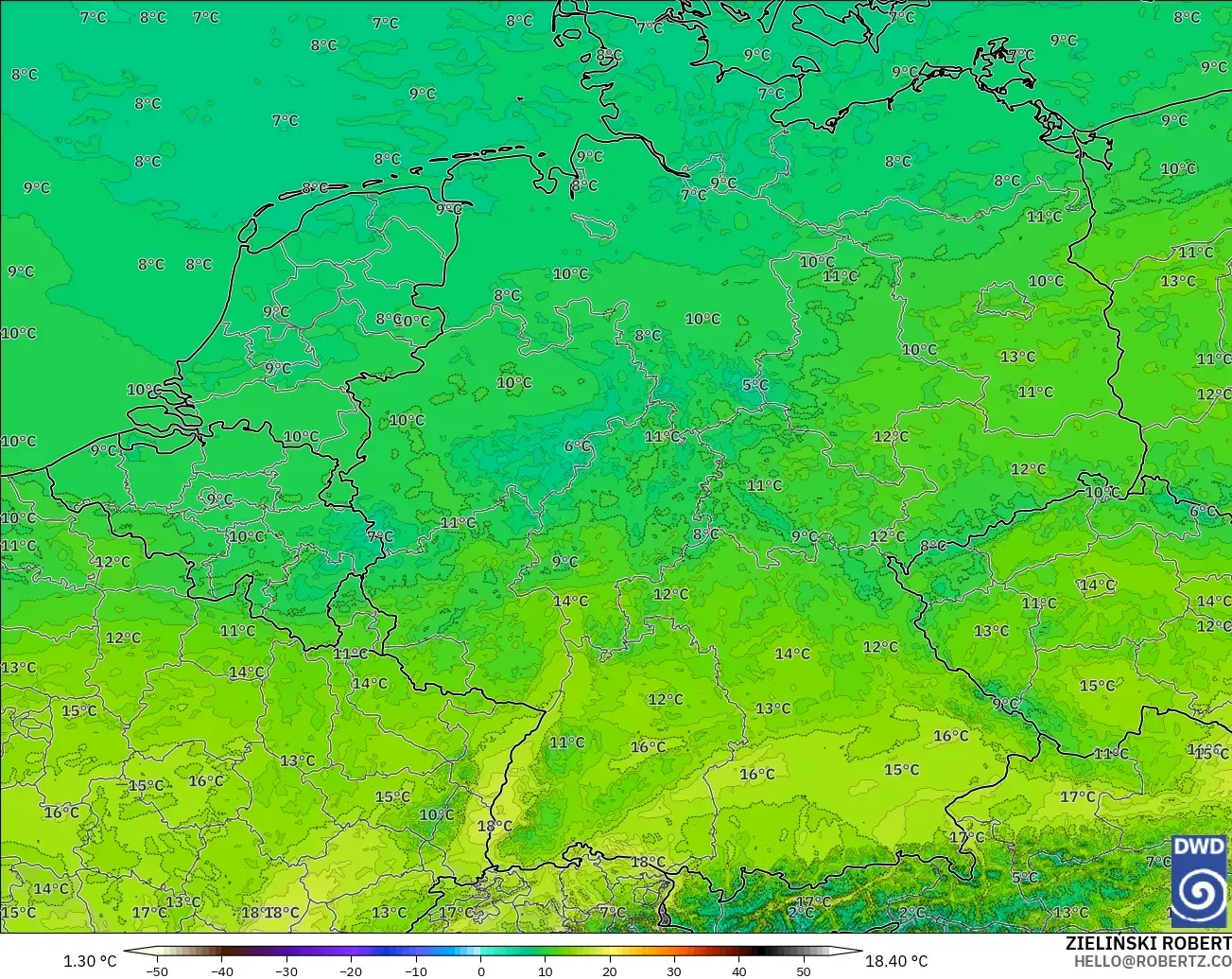 ICON Alemanha 2 km modelo - Alemanha, Temperatura a 850 hPa