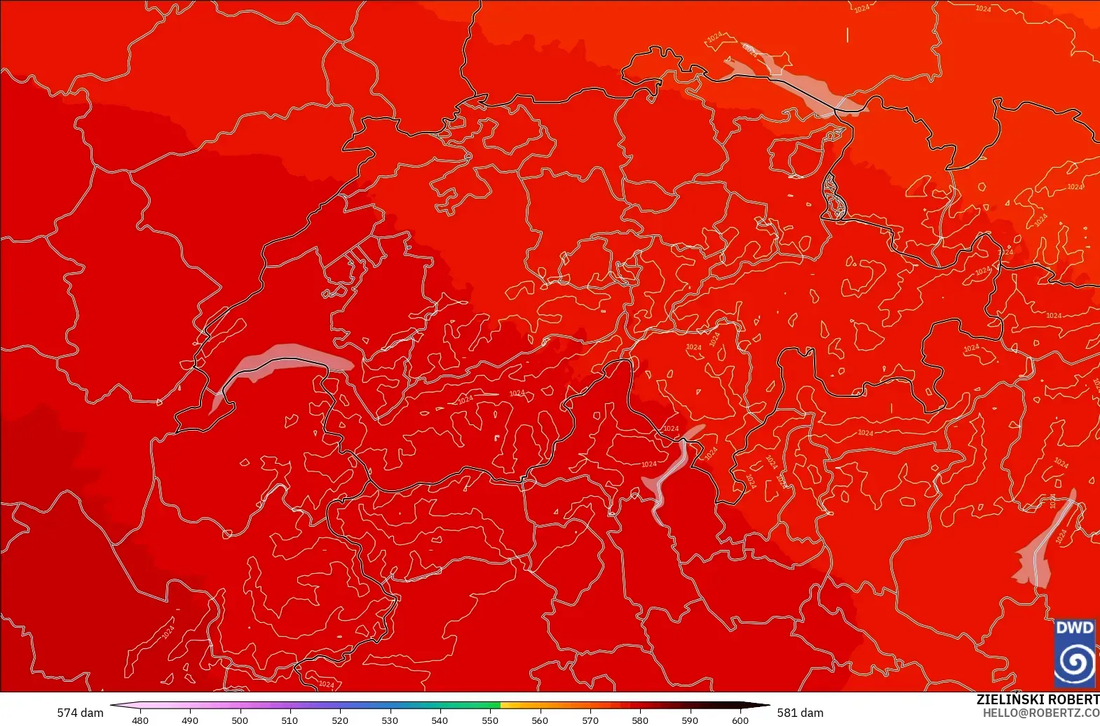 ICON Alemanha 2 km modelo - Suíça, Altura geopotencial a 500 hPa