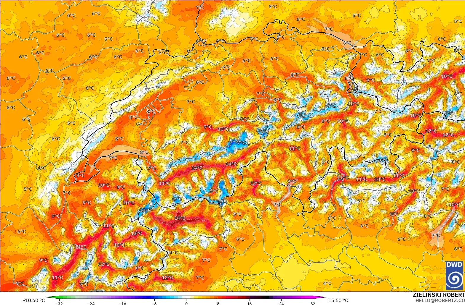 ICON Alemanha 2 km modelo - Suíça, Anomalia de temperatura a 2 m