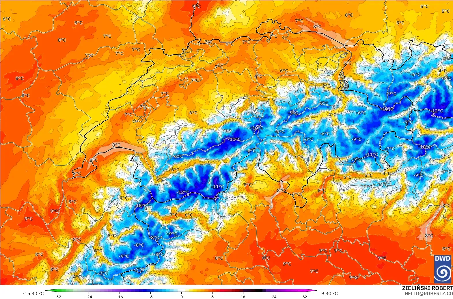 ICON Alemanha 2 km modelo - Suíça, Anomalia de temperatura a 850 hPa