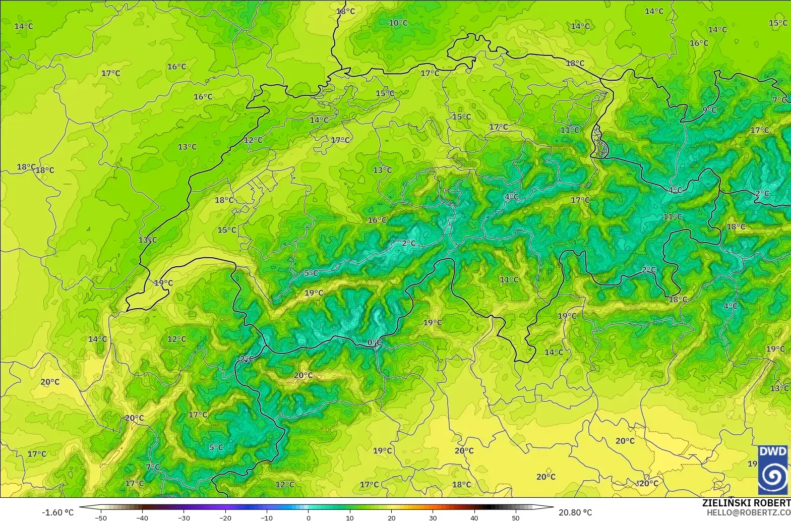ICON Alemanha 2 km modelo - Suíça, Temperatura a 850 hPa