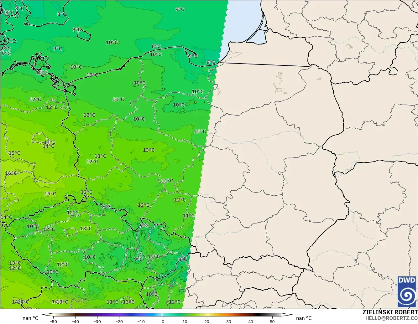 ICON Alemanha 2 km modelo - Polônia, Temperatura a 850 hPa
