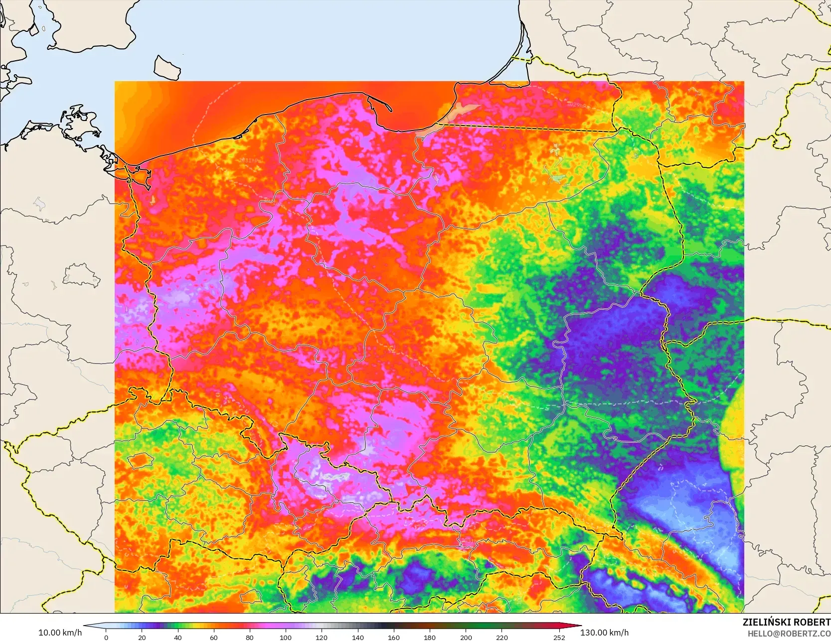 ICON Polônia 2 km modelo - Polônia, Rajadas de Vento Máximas