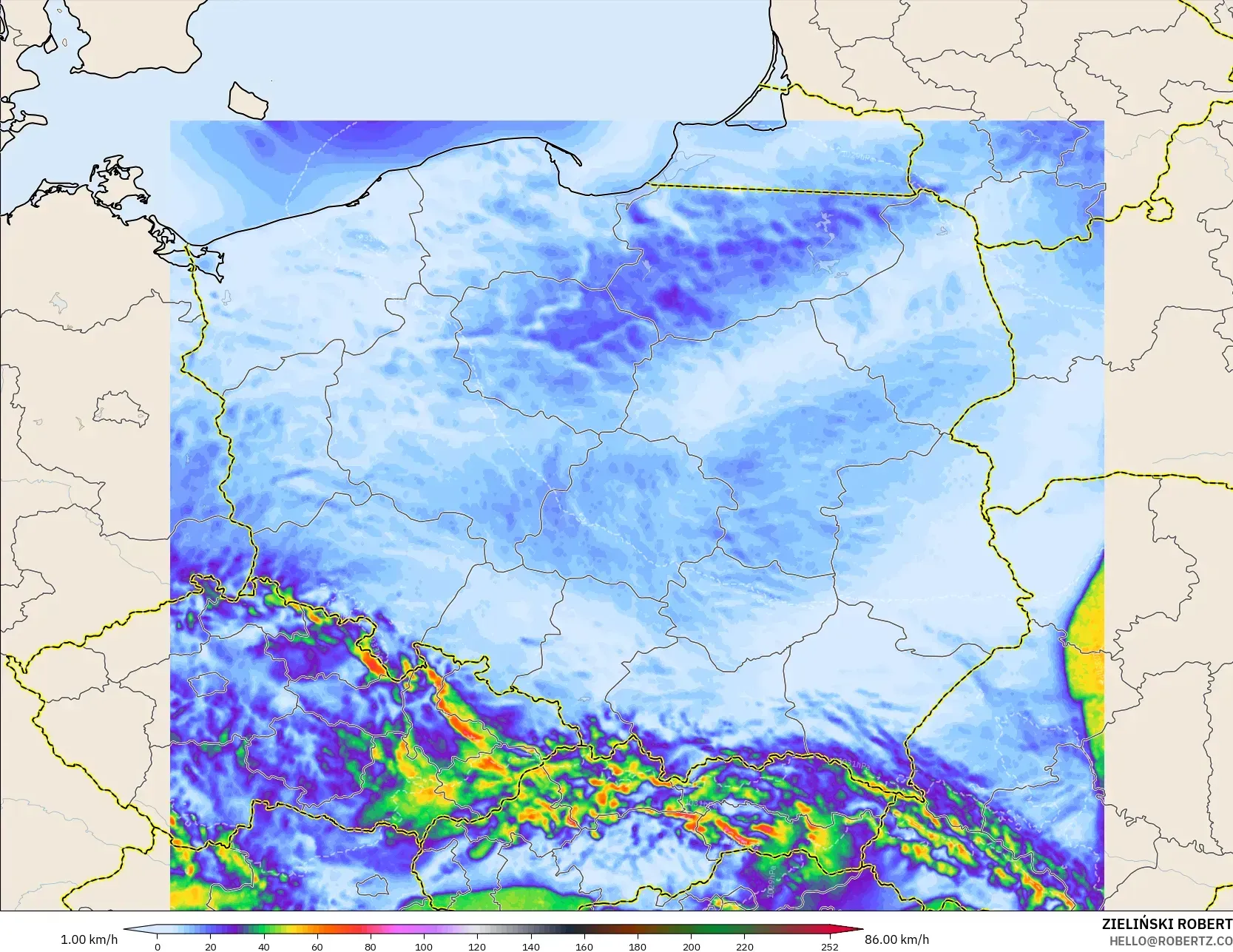 ICON Polônia 2 km modelo - Polônia, Rajadas de vento