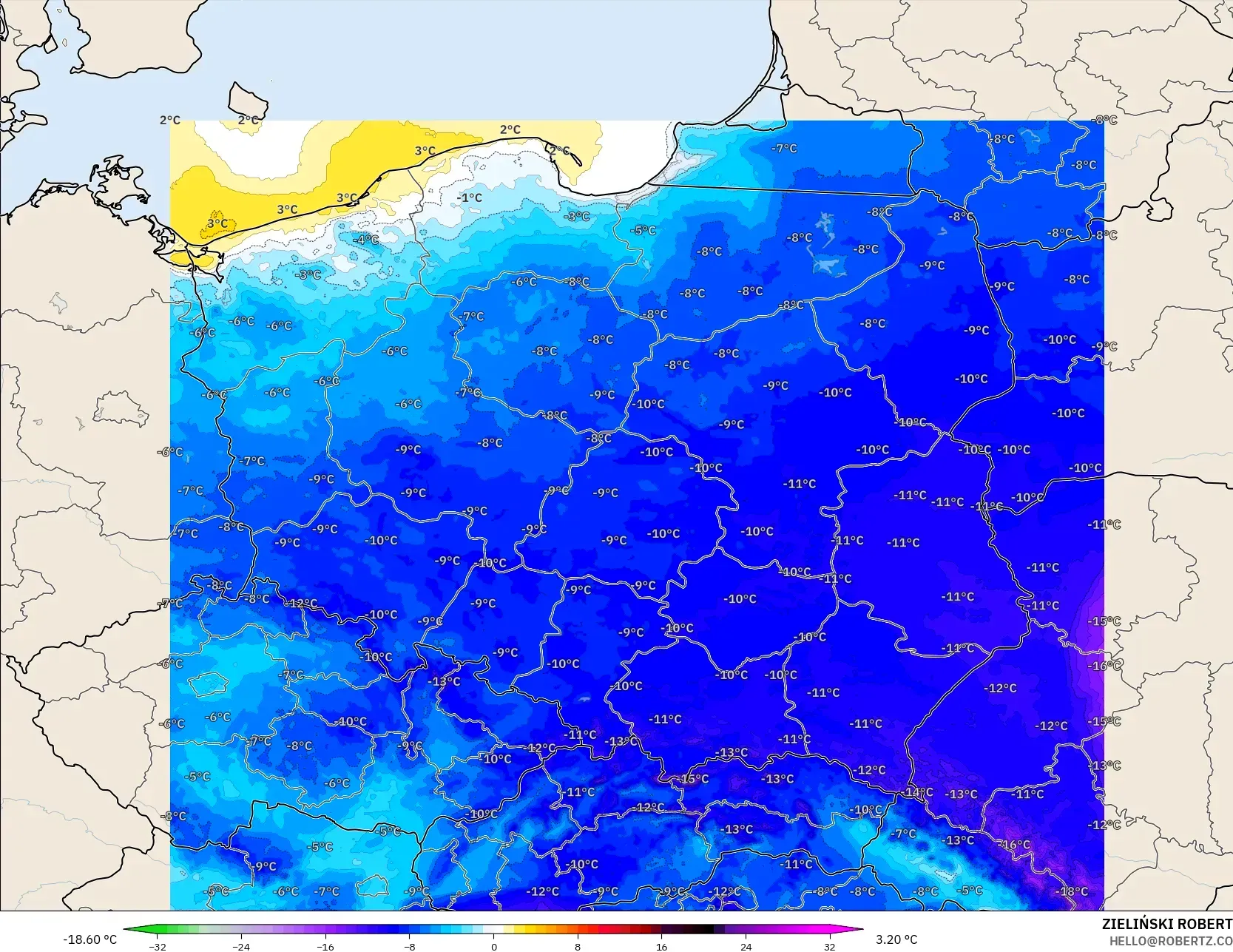 ICON Polônia 2 km modelo - Polônia, Anomalia de temperatura a 2 m
