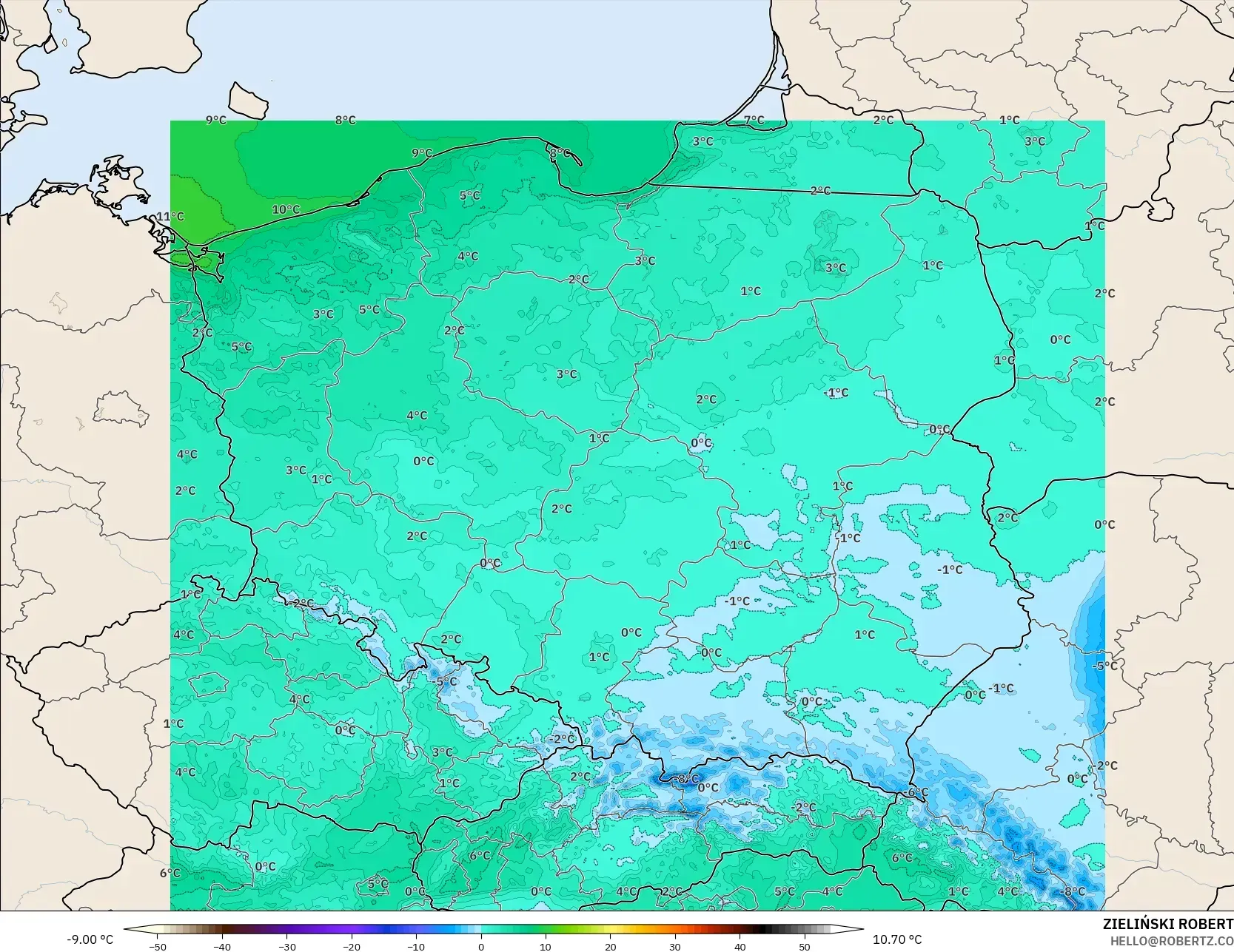 ICON Polônia 2 km modelo - Polônia, Temperatura a 2 m