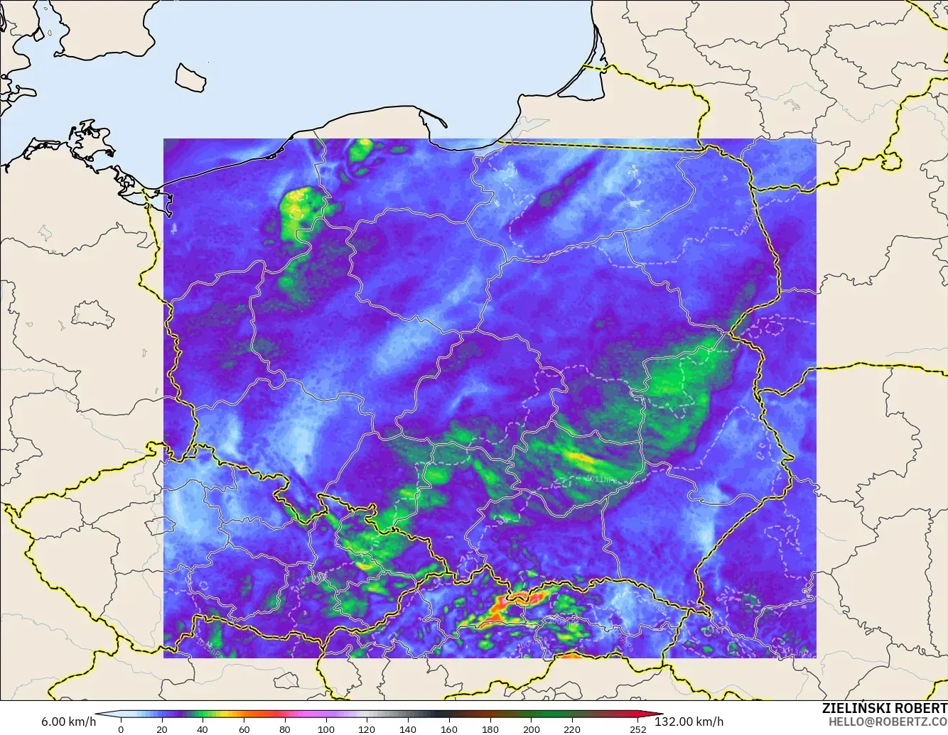 ICON Polônia 2 km modelo - Polônia, Rajadas de Vento Máximas