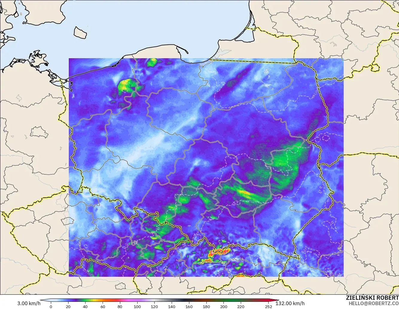ICON Polônia 2 km modelo - Polônia, Rajadas de vento