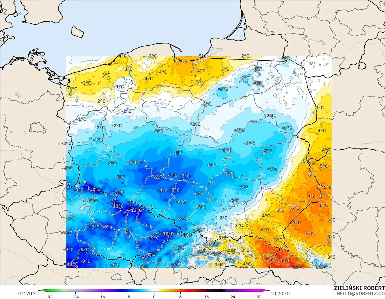 ICON Polônia 2 km modelo - Polônia, Anomalia de temperatura a 2 m
