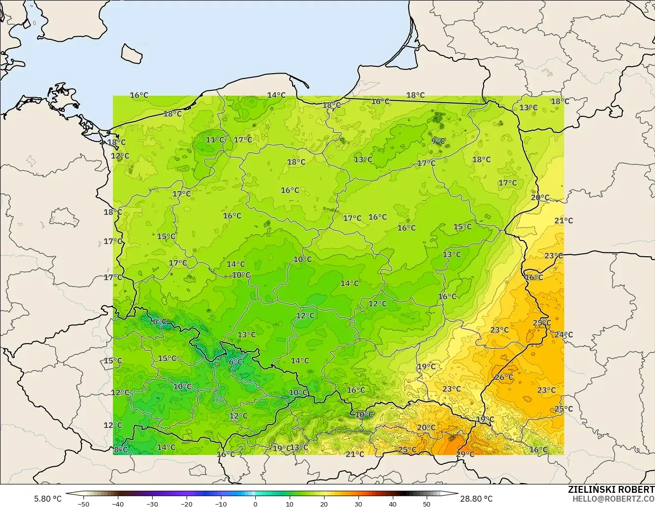 ICON Polônia 2 km modelo - Polônia, Temperatura a 2 m