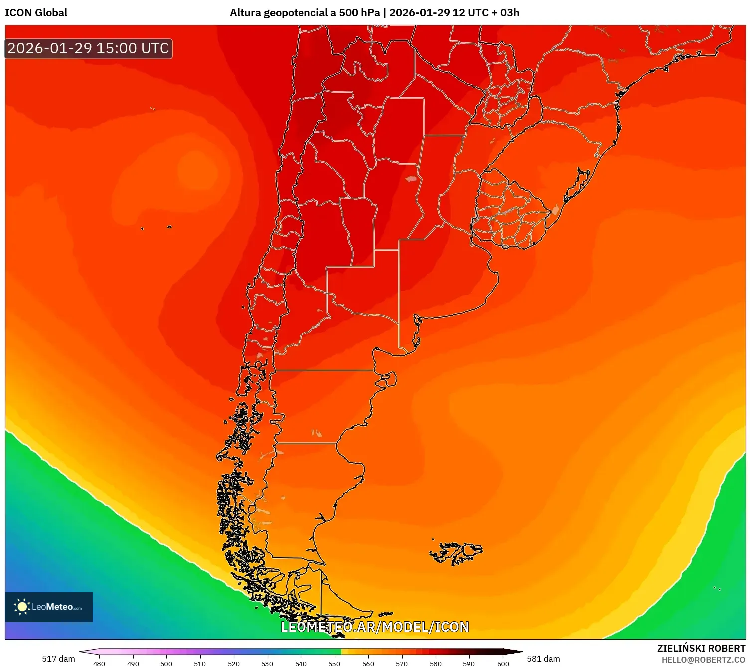 ICON model - Argentina, Altura geopotencial a 500 hPa